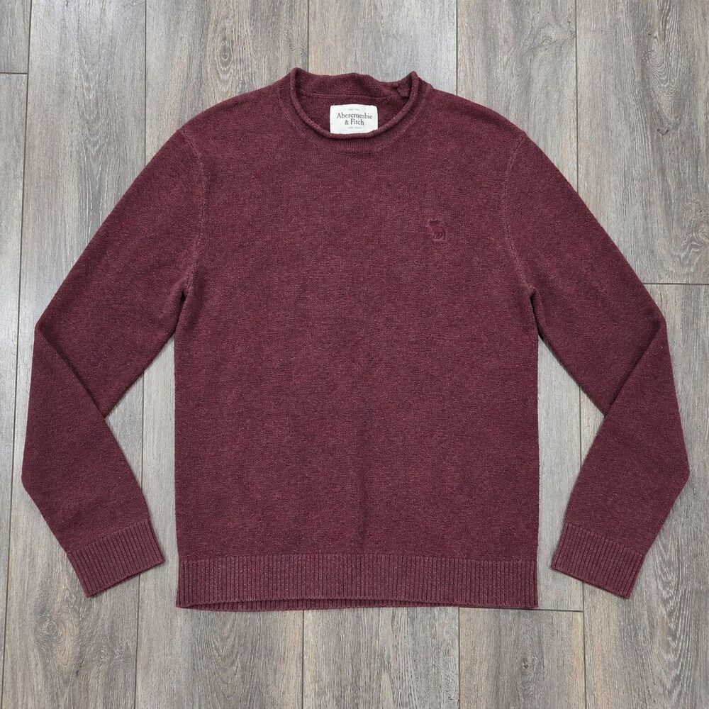 Abercrombie & Fitch Mens M Burgundy Crewneck Knit Sweater Moose Logo Pullover